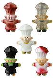 Medicom (JP) VAG 39 — Butcher: Five stylized Japanese vinyl chef figures with stitched mouths in red, clear, white, black with green, and white with red—ideal for Vinyl Artist Gacha collectors.