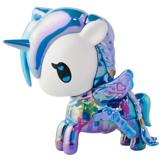 A must-have for collectors, the tokidoki X Arcane Blue Mayhem Jinx Special Edition features a toy unicorn figure with a shiny, iridescent blue and purple finish, black eyes, a horn, and small wings adorned with colorful patterns.