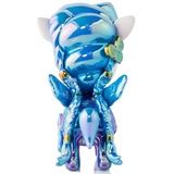 A glossy blue and purple Tokidoki X Arcane Blue Mayhem Jinx Special Edition Unicorno figurine by tokidoki features wings, a seashell-inspired mane, shimmering gold details, and a green butterfly on its ear. Displayed from the back against a white background, this limited edition collectible is perfect for unicorn enthusiasts.