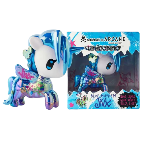 Presenting the Tokidoki X Arcane Blue Mayhem Jinx Special Edition by tokidoki—a vibrant, limited edition figure featuring neon details with blue, purple, and silver accents, displayed alongside its eye-catching packaging.