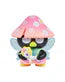 The Tokidoki x Hello Kitty and Friends Butterfly Garden Blind Box by Rotofugi features a collectible figure with a black face, blue wings, glasses, a pink mushroom hat, and holding a small yellow chick with a flower.