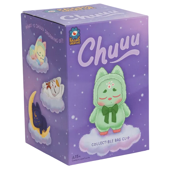 A purple box labeled “Chuu Collectible Bag Clip Blind Box” from Kaleidos Creative displays plush collectible bag clips featuring cute animal characters on clouds, such as a green cat, a yellow fox, and a dark blue magical sprite sleeping on a crescent moon.