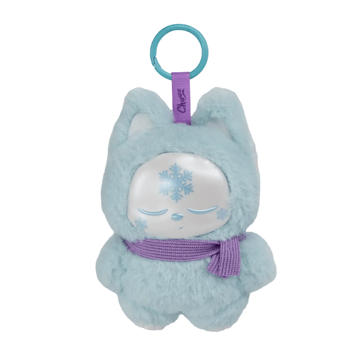 Introducing the Chuu Collectible Bag Clip Blind Box by Kaleidos Creative—a plush keychain shaped like a chubby, light blue cat named Chuuu. Featuring closed eyes, a snowflake on its forehead, and a cozy purple scarf, this magical sprite companion comes with a convenient blue clip for easy attachment to your bag or keys. Perfect for collectors and cat lovers alike!.