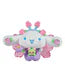 The Tokidoki x Hello Kitty and Friends Butterfly Garden - Cinnamoroll & Rosie Special Edition plush by Rotofugi features Cinnamoroll with a smiling white face, blue eyes, pink antennae, and colorful butterfly wings with hearts and dots.