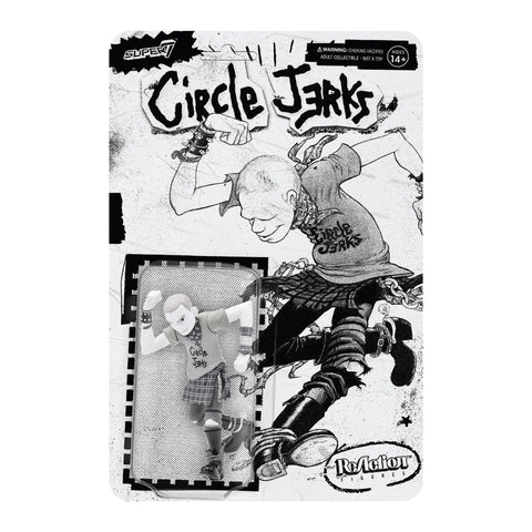 Illustrated punk rock album cover featuring a dynamic drawing of a skateboarder wearing a "Super 7 Circle Jerks ReAction - Skank Man" t-shirt, detailed with grunge textures and comic-style layout elements.