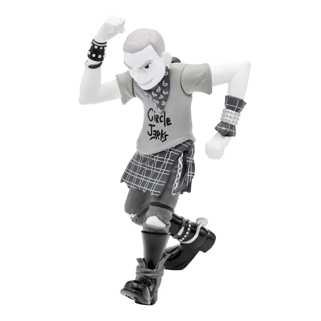 A Circle Jerks ReAction -Skank Man figure of a punk rocker with a spiked bracelet and boots, wearing a kilt and sleeveless shirt, in a dynamic dancing pose by Super 7 (US).