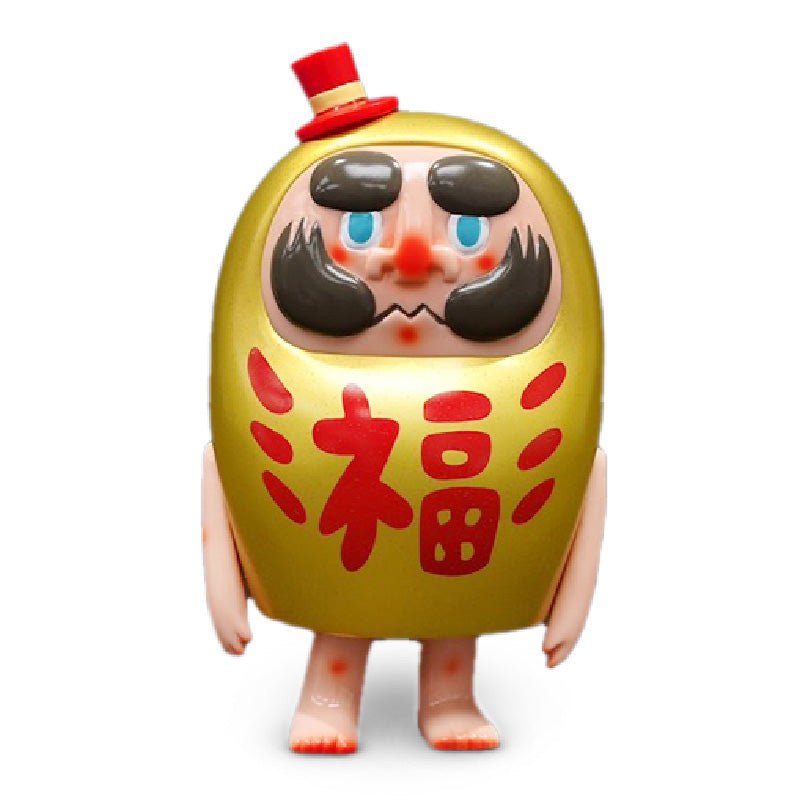 A small, human-shaped toy with a Gold Chrome body, red markings, and a mustached face wearing a red hat with a yellow band. This exclusive chase version of Daruman — Gold/Gold Chrome (Blind) by How2Work (HK) adds an extra layer of allure to any collection.