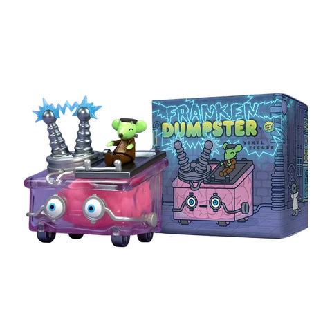 The 100% Soft Frankendumpster Vinyl Figure features a green creature in a pink monster car with lightning rods, shown by its box. Part of the glow-in-the-dark Dumpster Fire collection.