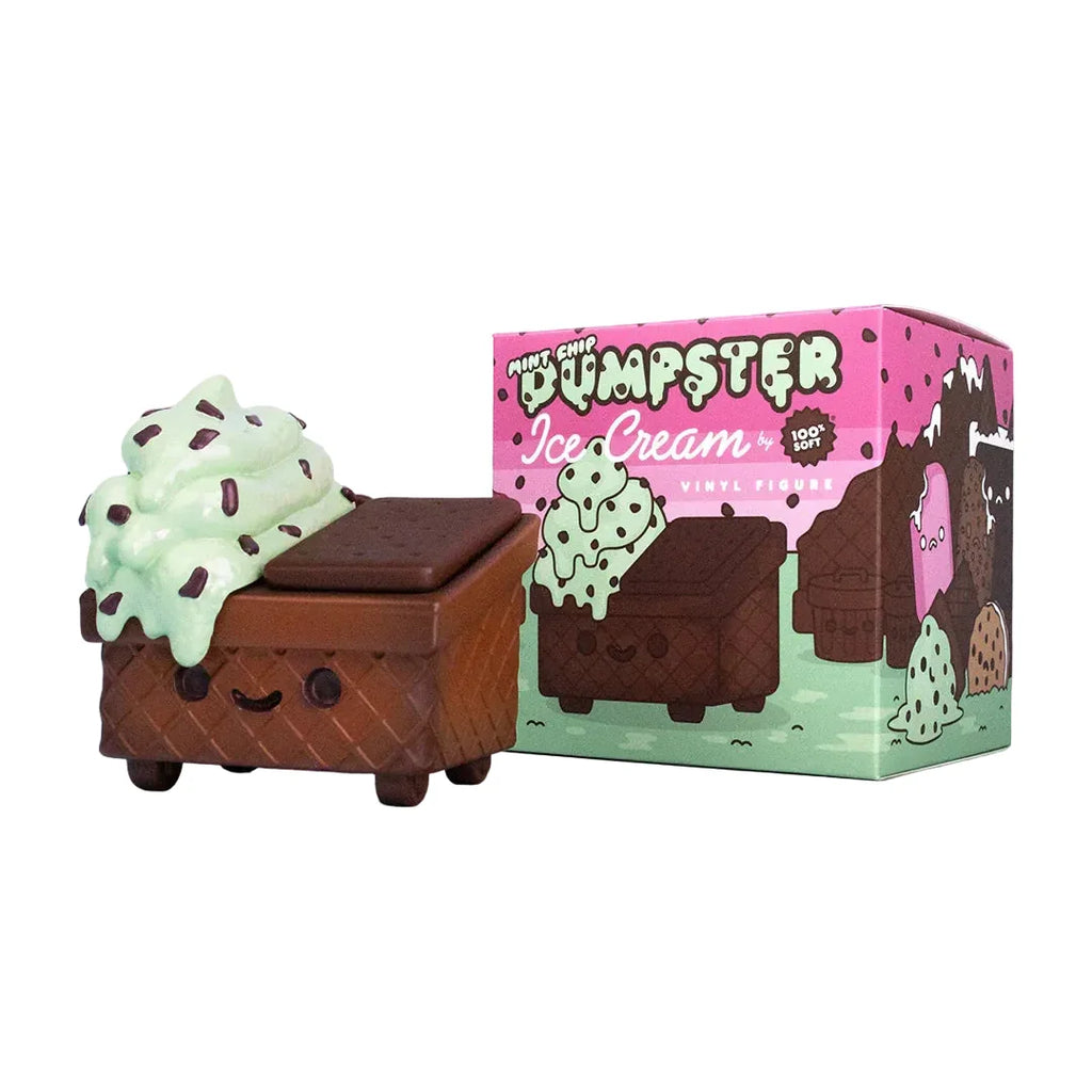 The 100% Soft Mint Chip Dumpster Ice Cream Vinyl Figure, shaped like a smiling dumpster filled with mint chip ice cream and a chocolate waffle cone, is shown beside its colorful illustrated box.