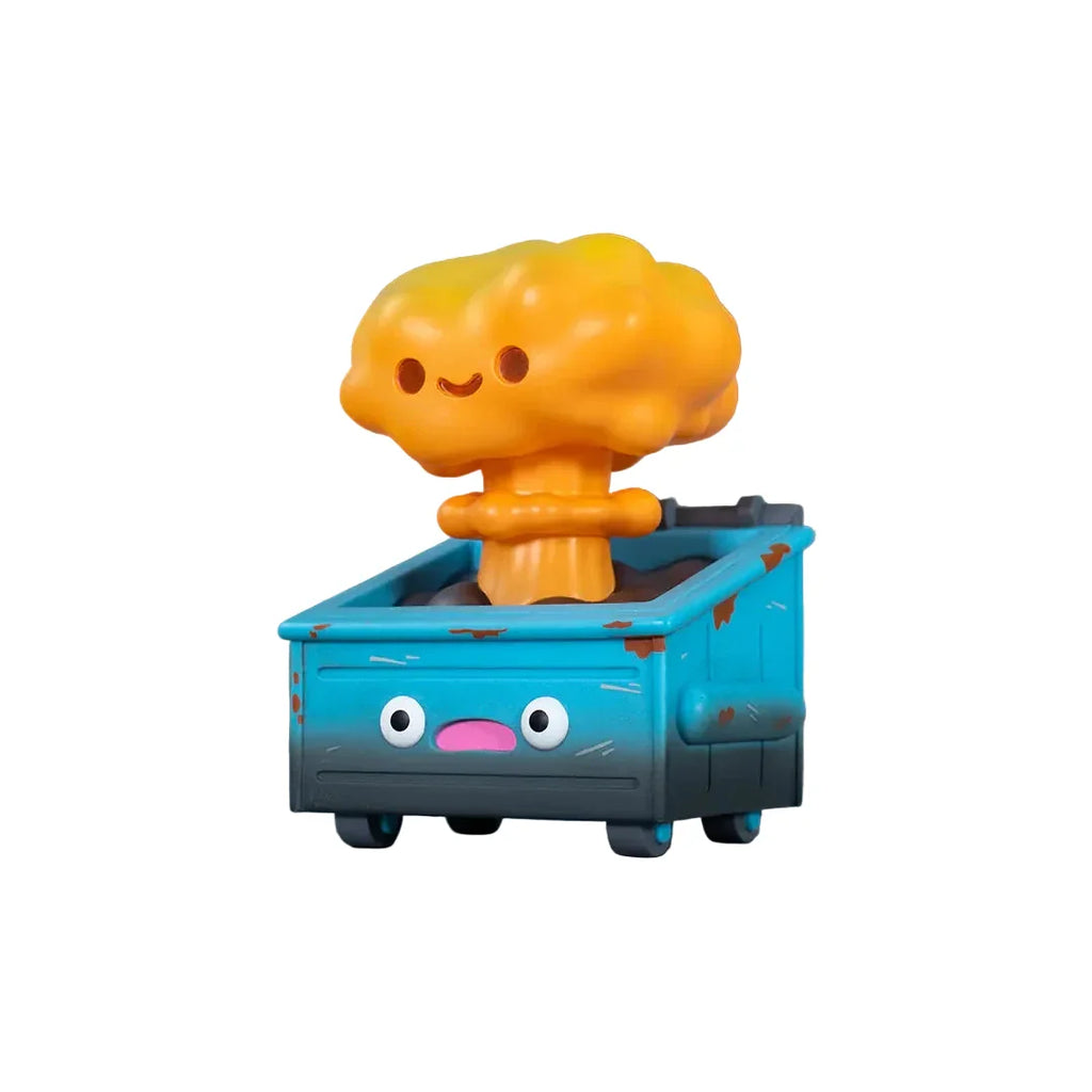 The 100% Soft Nuclear Dumpster Fire Vinyl Figure features a blue dumpster with a smiley face and a bright orange mushroom cloud rising from it.