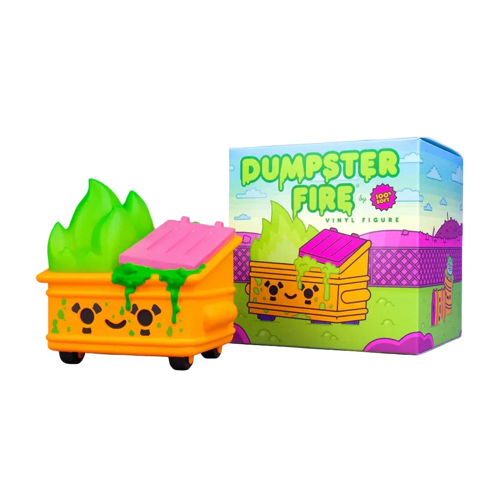 The 100% Soft Dumpster Fire - Toxic Waste Vinyl Figure (Radioactive Orange Edition) features a smiling fire with green flames, glow-in-the-dark slime, and comes in a matching illustrated box labeled