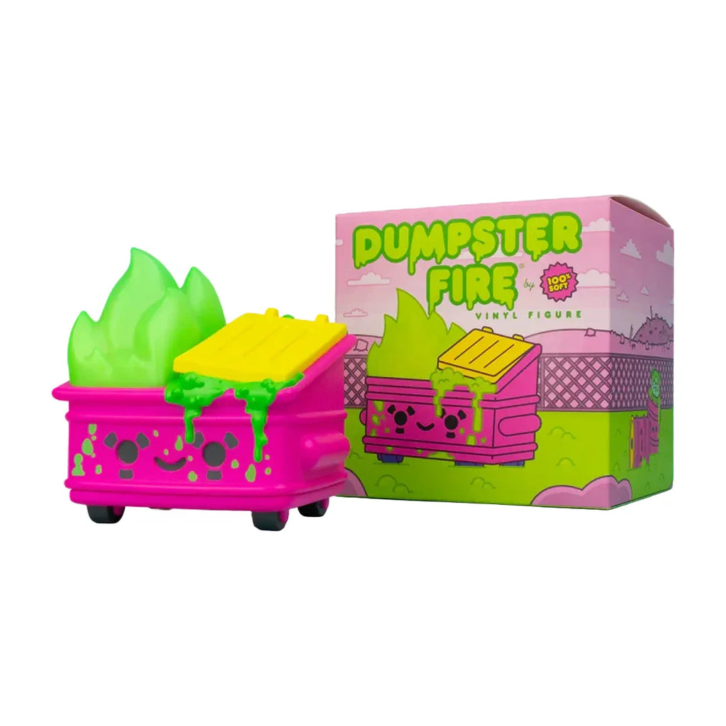 The 100% Soft Dumpster Fire - Toxic Waste Vinyl Figure, Chemical Pink Edition, features green glow-in-the-dark flames and slime with a smiling face, and comes in vibrant packaging labeled