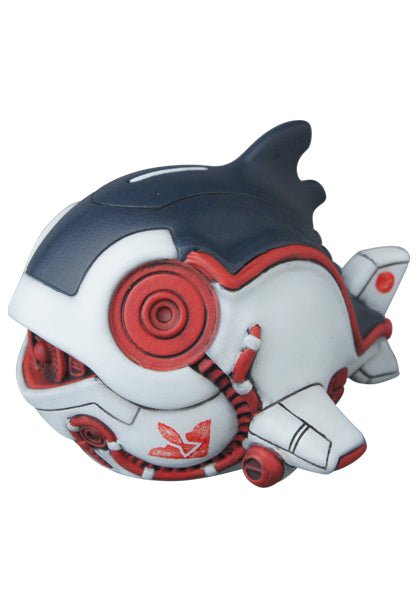 The Uomecha Mejimaguro — VAG 10th Anniversary by Medicom is a small, stylized Japanese vinyl toy whale with robotic features, airplane-like fins and tail, and white-red details inspired by gachapon figures.