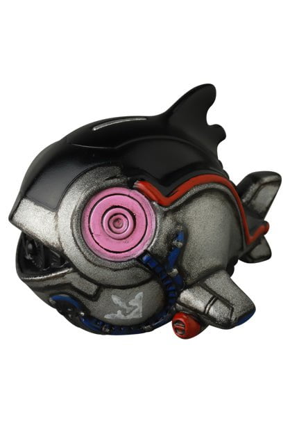The Uomecha Mejimaguro — VAG 10th Anniversary by Medicom is a small metallic shark figurine with black fins, a pink eye, and blue/red mechanical accents—ideal for fans of gachapon figures and Japanese vinyl toys.