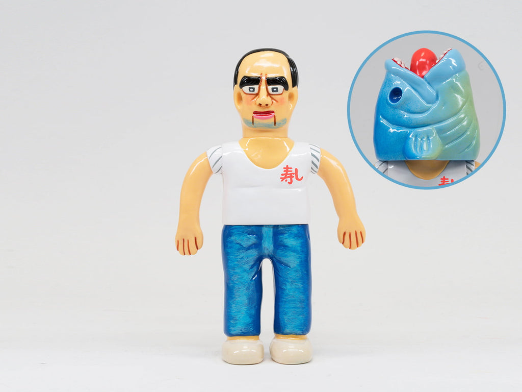 Paradise Toy's About Animals Syarizo/Fish — Series 3 features a man in a white shirt with red text and blue jeans, plus a swappable blue fish head—a quirky collectible for fans of unique designer toys.
