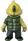 The VAG 41 — Gyaromioid by Medicom (JP) is a yellow, one-eyed vinyl monster figurine dressed in a green puffer vest, blue pants, and black shoes, standing and facing forward.