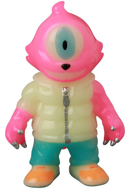 The VAG 41 — Gyaromioid by Medicom (JP) is a pink, one-eyed figure inspired by Japanese vinyl toy artists, featuring a puffer jacket, teal pants, and orange shoes, standing upright on a white background.