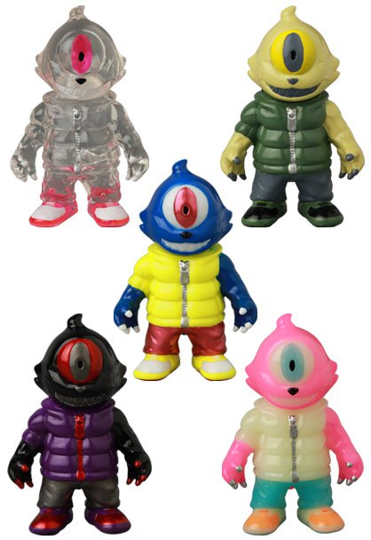 Five Gyaromioid VAG 41 figures by Medicom (JP) stand upright in bold puffer jackets and shoes. Inspired by Japanese vinyl toy artists, these gachapon toys each feature a single large cyclopean eye and striking colors.