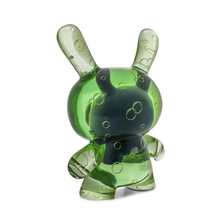 The Kidrobot Infected Specimen Dunny 8” GID Art Figure (LE 600) is a translucent green bunny-eared collectible with bubble-like patterns, standing upright on a white background.