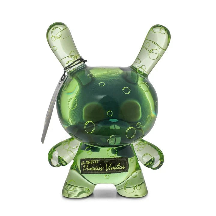 The Kidrobot Infected Specimen Dunny 8” GID Art Figure (LE 600) is a translucent green vinyl art toy rabbit with bubble-like patterns, rounded ears, and visible neck and chest labels.