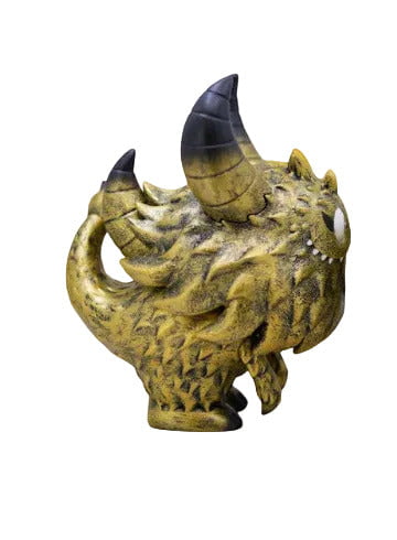 Rangeas Rex Jr. — Gold Patina by The Little Hut (HK) is a yellow and black collectible toy depicting a mythical creature with two large horns, a tail, and one eye, finished in striking gold patina and shown against a white background.