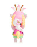 The Tokidoki Harajuku Princess Unicorno - Tanoshii Special Edition features a pastel design with braided hair, wings, a crown, and holds a white teddy bear—an irresistible kawaii collectible from Tokidoki, shown from the back.