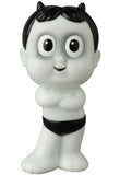 The VAG 42 — HAPY by Medicom is a quirky, cartoonish white figurine with black hair, small horns, big round eyes, and black briefs—evoking the playful style of Japanese vinyl toy and gachapon figures.