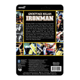 Back of a Ghostface Killah ReAction - Ironman package featuring images of the figure, a biography of the artist, and associated logos by Super 7 (US).