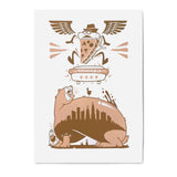 A poster featuring a Abe Froman Sausage King Screen Print by Jeremy Fish and an eagle image by Rotofugi (US).