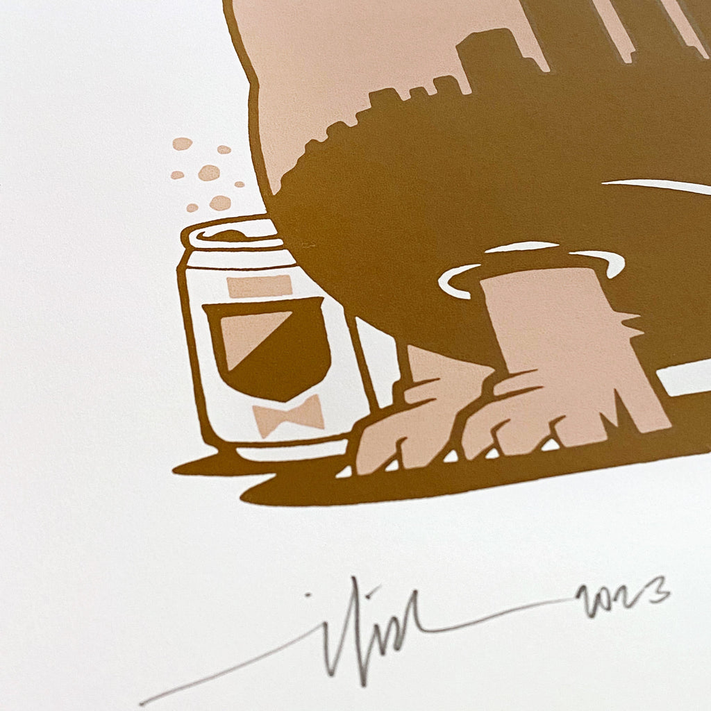 A drawing of a bear with a Abe Froman Sausage King Screen Print by Jeremy Fish in Chicago style.