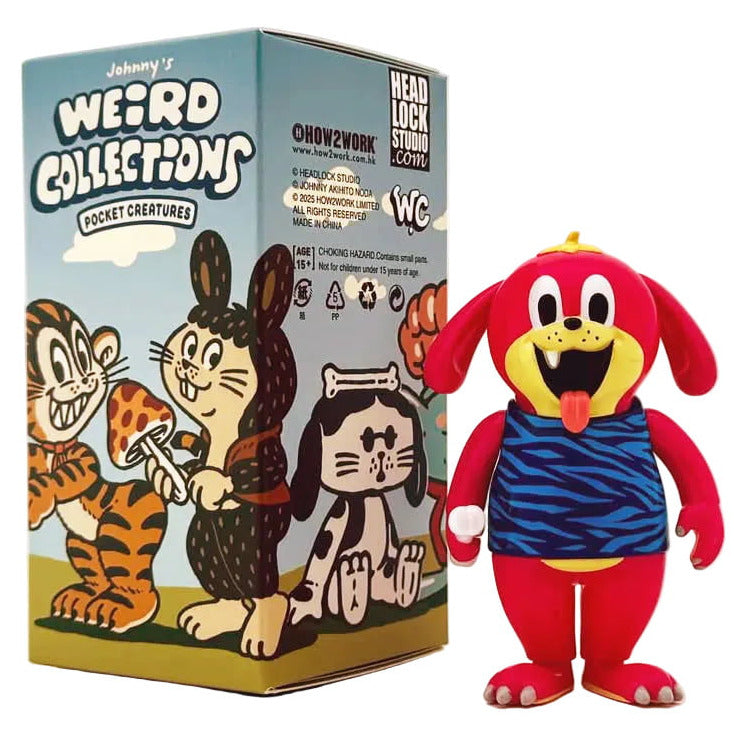 A red cartoon dog figurine in a blue striped shirt stands beside a Johnny's Weird Collection Pocket Creatures Blind Box by How2Work, featuring playful animal illustrations.