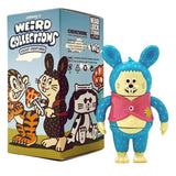 A toy figure in a blue animal costume with a pink scarf stands beside a How2Work Johnny's Weird Collection Pocket Creatures Blind Box, featuring cartoon animals with designs by Johnny Akihito Noda.