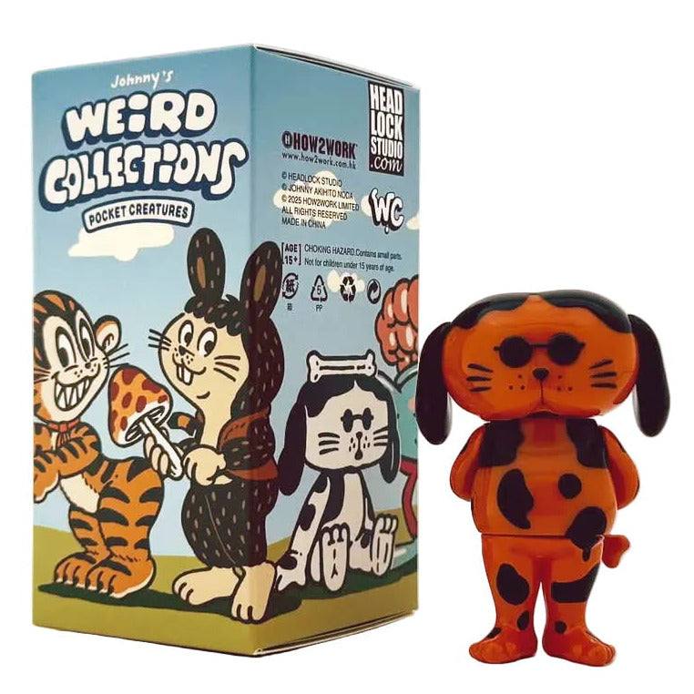 A colorful toy dog with black spots stands beside a
