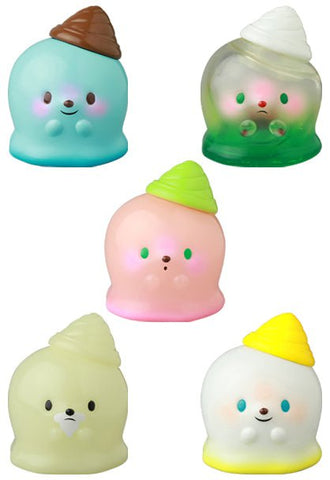 Five vibrant, round Kaiju Icey Baby gachapon figures by Medicom (JP) are arranged in two rows, their swirl-topped heads and cute faces showcasing the playful charm of VAG 39 Japanese vinyl toys against a white background.