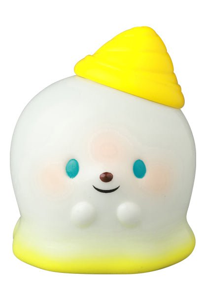 The VAG 39 — Kaiju Icey Baby by Medicom (JP) is a small, white, rounded vinyl figurine with blue eyes, a smiling face, pink cheeks, and a yellow hat, showcased against a white background.