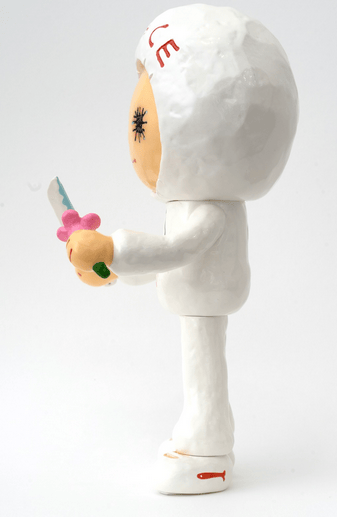 A side view of Little Peace by How2Work (HK) shows a white figurine in a hooded suit holding a flower sword plush with a pink flower-shaped hilt. The cute plush has big, long-lashed eyes and stands against a plain background.