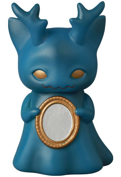 Ghost Morris — VAG 10th Anniversary by Medicom (JP): Blue figurine with gold antlers and eyes, holding an oval mirror. This whimsical piece features a smooth finish inspired by Japanese vinyl toy artistry and collectible gachapon figures.