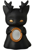 Medicom (JP)’s Ghost Morris — VAG 10th Anniversary is a black, cat-like Japanese vinyl toy with antler-shaped ears and gold eyes, holding a round mirror. This collectible echoes the charm of classic Vinyl Artist Gacha figures.