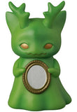 A green, cartoonish creature with antlers holds a small oval mirror. Ghost Morris — VAG 10th Anniversary by Medicom (JP) is a smooth vinyl toy with gold eyes, perfect for fans of gachapon figures and Vinyl Artist Gacha collectibles.