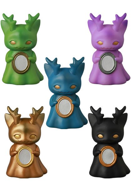 Five small Ghost Morris gachapon figures from Medicom’s VAG 10th Anniversary, each with antler-like horns and a framed oval mirror. These Japanese vinyl toys come in green, purple, blue, gold, and black.