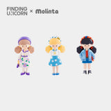 Three Molinta Retro Girls Blind Box figurines by Finding Unicorn are showcased in colorful outfits against a white background, highlighting this unique collectible series.