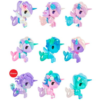 Nine vibrant Magical Tides Mermicorno Tokidoki figures from tokidoki are displayed in three rows, each featuring unique pastel hues, whimsical tails, and ocean-themed accessories. The figure on the bottom left holds a small sea creature and sports a red “Chaser” label, making this blind box collection perfect for enchanting underwater adventures.
