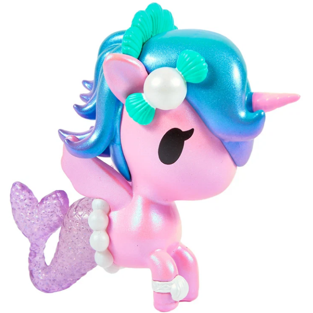 A pink and purple Magical Tides Mermicorno Tokidoki figure by tokidoki, featuring blue hair, a pearl headband, green fins, and a glittery tail is displayed on a white background. This collectible blends ocean-inspired charm with whimsical design and is perfect for imaginative underwater adventures.