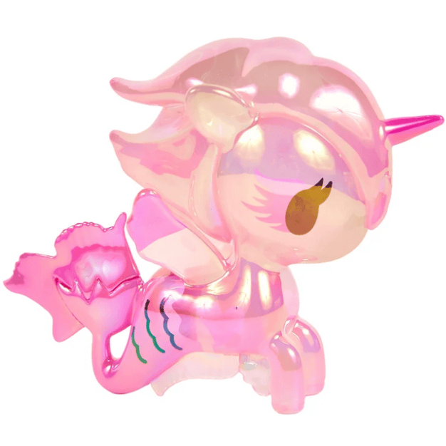 Introducing the tokidoki Magical Tides Electra Mermicorno Special Edition—a shiny pink collectible figure with a unicorn horn, wings, mermaid tail, and large expressive eyes in a whimsical design, inspired by the beloved Magical Tides Mermicorno series.