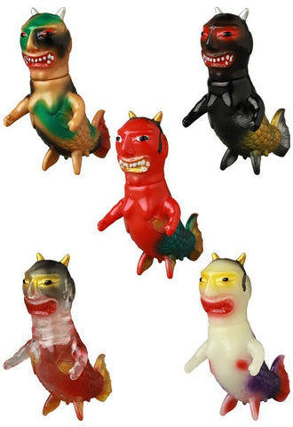 Five Namanari Ningyo — VAG 10th Anniversary monster figurines by Medicom (JP), each small, colorful, and horned with fish tails, are arranged in an arc on a white background.