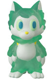 The Ookamikun — VAG 10th Anniversary by Medicom (JP) is a small green and white cartoon wolf figurine with large blue eyes, standing upright and showcasing the playful charm of Japanese Vinyl Artist Gacha gachapon toys.