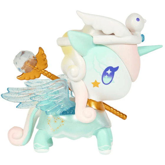 Add a touch of magic to your collection with the tokidoki Pixie Dust Fairy Unicorno Blind Box! This pastel-colored unicorn toy features blue glittery wings, a golden staff, and a charming hat adorned with a white dove. With a gold star on its cheek and captivating star designs in its eyes, it makes an enchanting addition to any collectible toys display. Inspired by the dreamy Pixie Dust Fairy Unicorno series, this exclusive figure is available through tokidoki’s special blind box release.