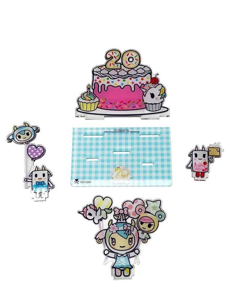 Celebrate Tokidoki's 20th Anniversary with the Tokidoki 20th Anniversary Acrylic Standee Blind Box, featuring cute character and dessert designs like a