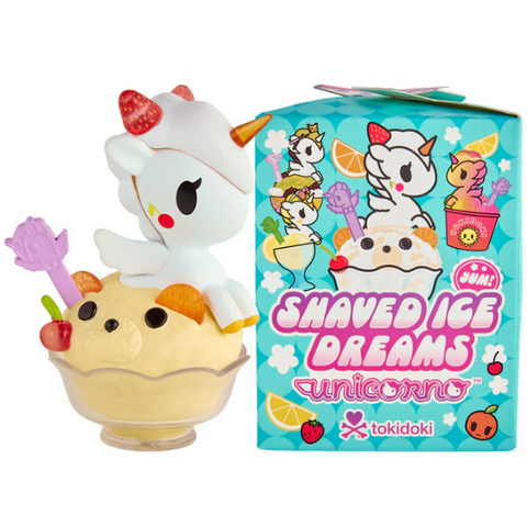 A whimsical unicorn figurine rests atop a bowl of shaved ice, accompanied by the tokidoki Shaved Ice Dreams Unicorno Blind Box, which is adorned with adorable unicorn and fruit designs—ideal for fans of collectible toys.