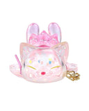 The Sleeping Negora — Falling Sakura by Konatsuya is a translucent pink cat figurine in a clear colorway, lying down with closed eyes, painted features, a pink collar, and a gold paw charm—reflecting cherry blossom season’s beauty.